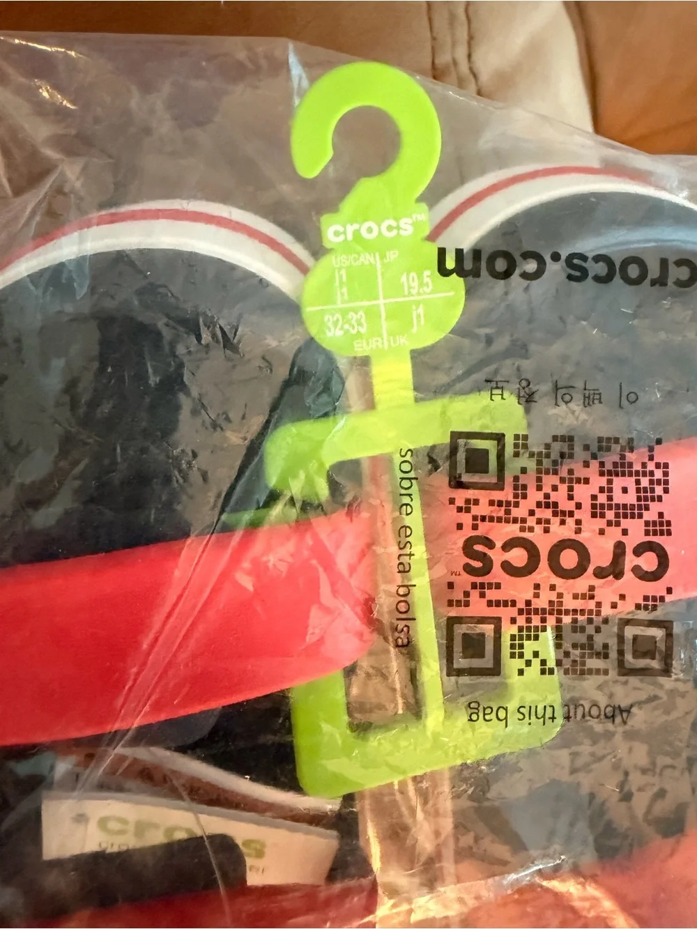 CROCS Crocband Cruiser, Black Footbed Sandals with Red Straps, kids size 1